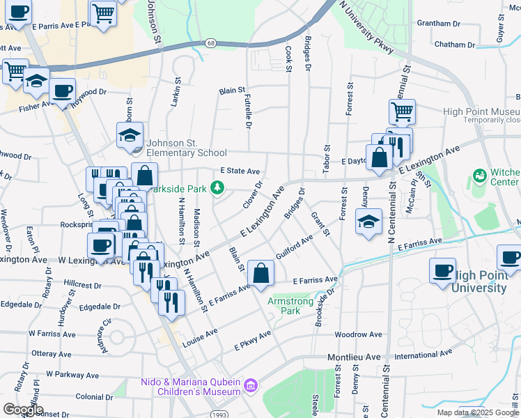 map of restaurants, bars, coffee shops, grocery stores, and more near 522 Clover Drive in High Point