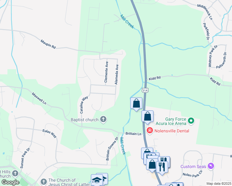 map of restaurants, bars, coffee shops, grocery stores, and more near 720 Alameda Avenue in Nolensville