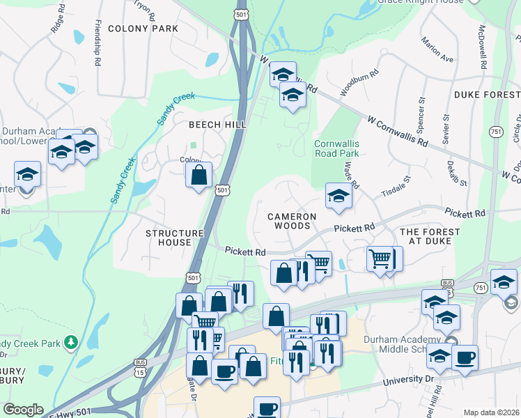 map of restaurants, bars, coffee shops, grocery stores, and more near 2822 Pickett Road in Durham