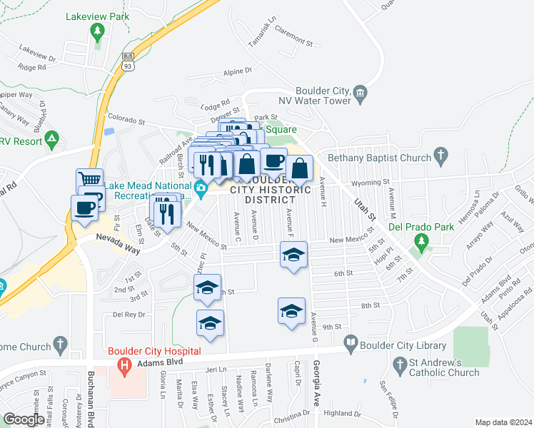 map of restaurants, bars, coffee shops, grocery stores, and more near 628 California Avenue in Boulder City