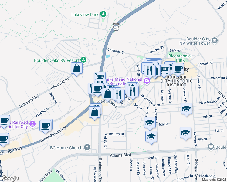 map of restaurants, bars, coffee shops, grocery stores, and more near 518 Elm Street in Boulder City