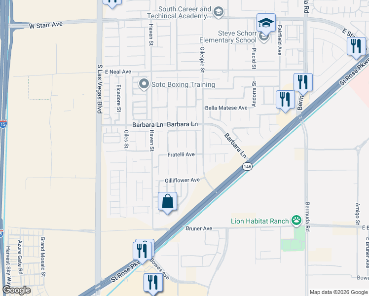 map of restaurants, bars, coffee shops, grocery stores, and more near 11771 Bergamo Court in Las Vegas