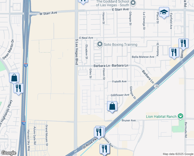 map of restaurants, bars, coffee shops, grocery stores, and more near 57 Foxworth Court in Las Vegas