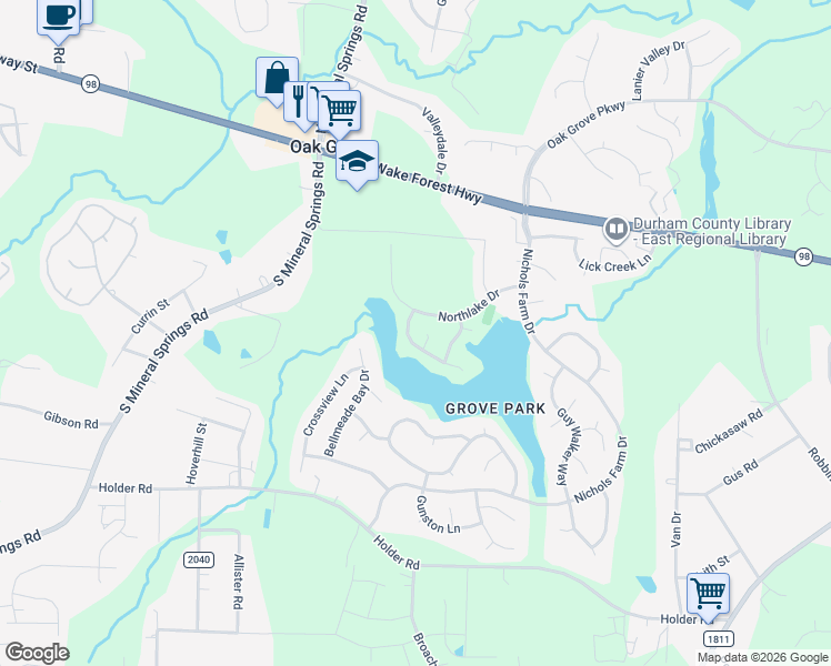map of restaurants, bars, coffee shops, grocery stores, and more near 309 North Water's Edge Drive in Durham