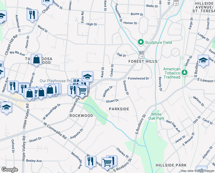 map of restaurants, bars, coffee shops, grocery stores, and more near 2212 Whitley Drive in Durham