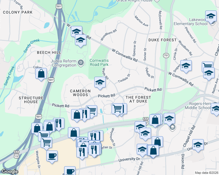 map of restaurants, bars, coffee shops, grocery stores, and more near 10 Harvey Place in Durham