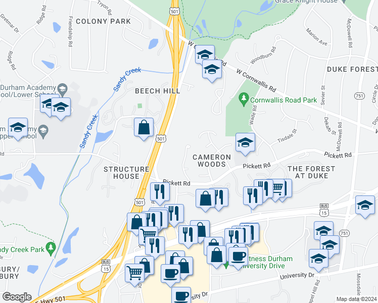 map of restaurants, bars, coffee shops, grocery stores, and more near 2822 Pickett Road in Durham