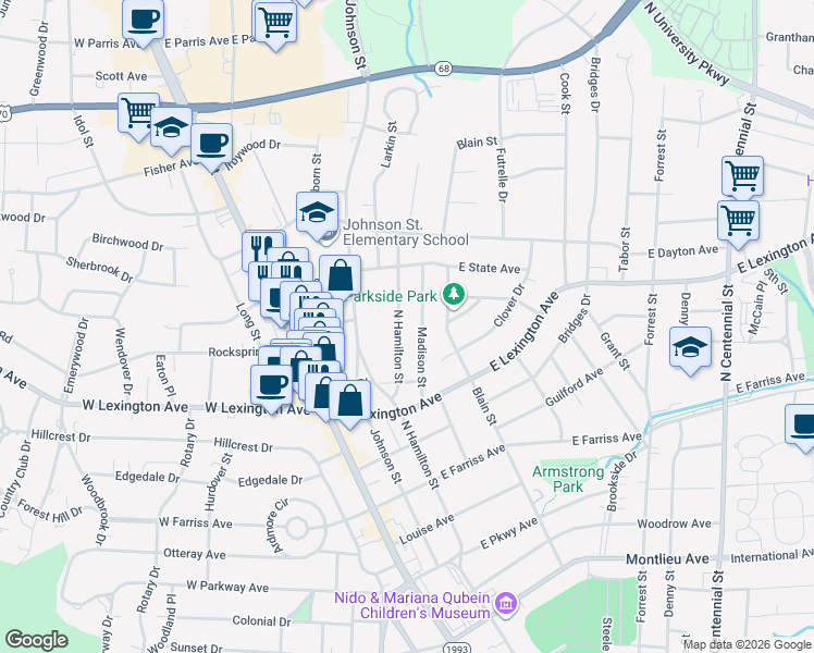 map of restaurants, bars, coffee shops, grocery stores, and more near 1434 North Hamilton Street in High Point