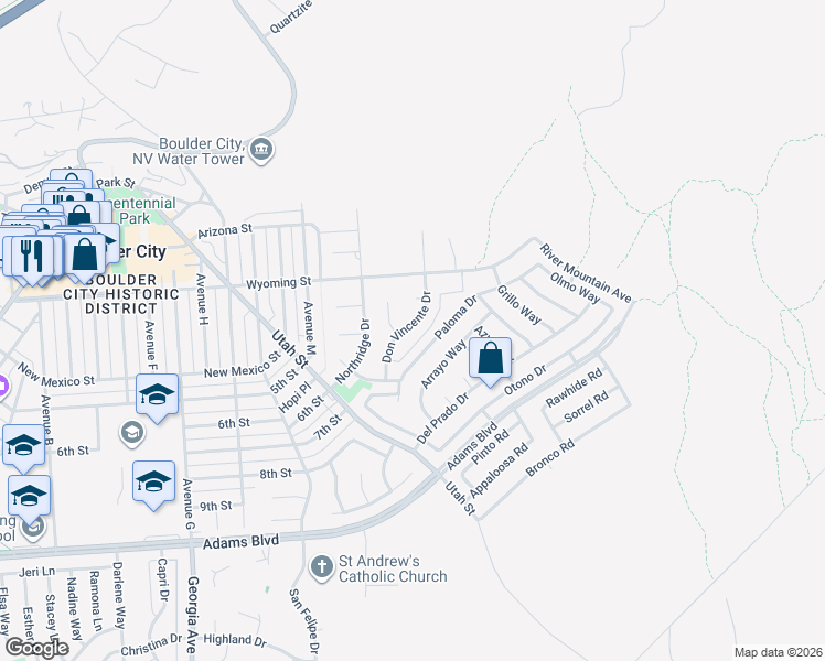 map of restaurants, bars, coffee shops, grocery stores, and more near 624 Don Vincente Drive in Boulder City