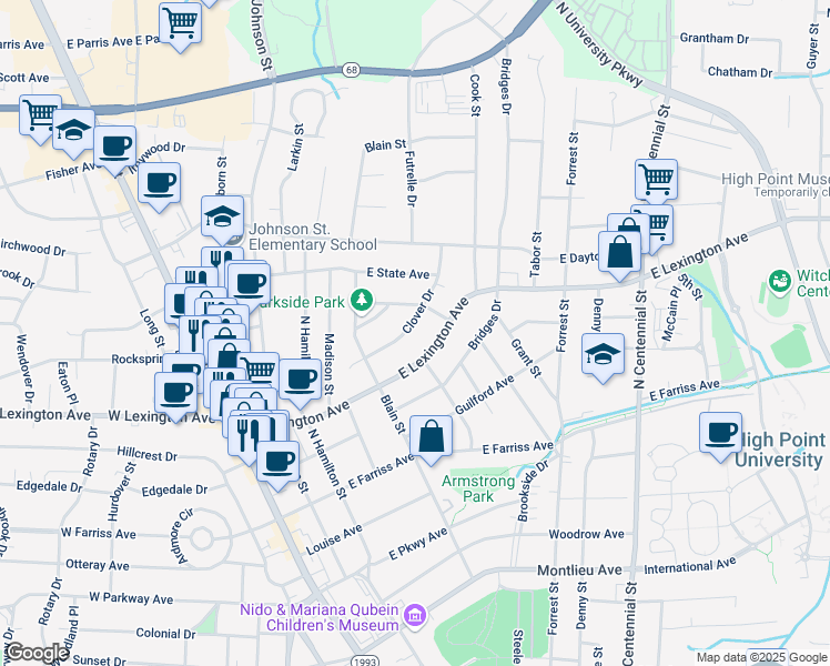 map of restaurants, bars, coffee shops, grocery stores, and more near 522 Clover Drive in High Point