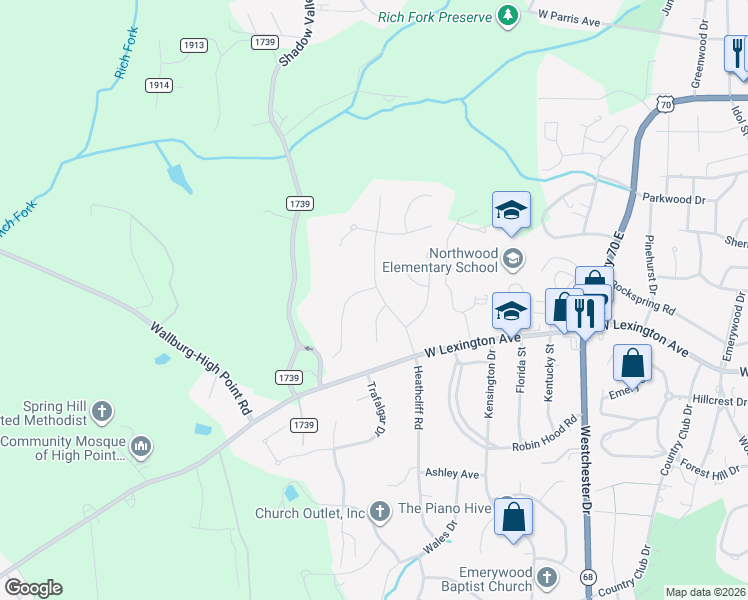 map of restaurants, bars, coffee shops, grocery stores, and more near 1300 Georgetown Court in High Point