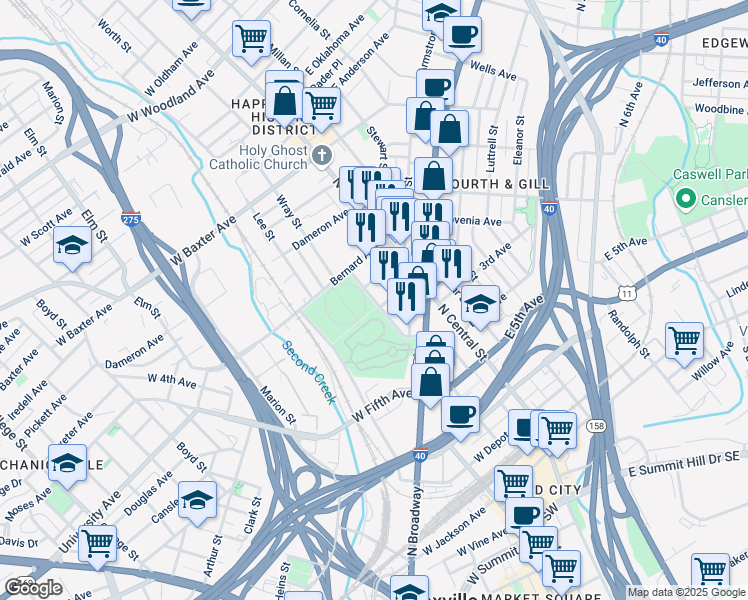 map of restaurants, bars, coffee shops, grocery stores, and more near 939 Tyson Street in Knoxville