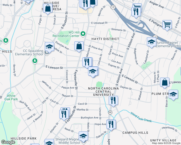 map of restaurants, bars, coffee shops, grocery stores, and more near Cafeteria Drive in Durham