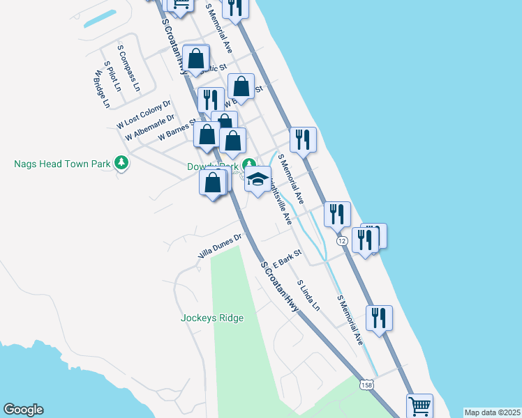 map of restaurants, bars, coffee shops, grocery stores, and more near 3100 South Wrightsville Avenue in Nags Head