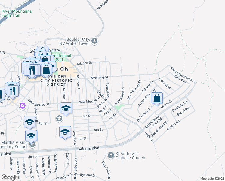 map of restaurants, bars, coffee shops, grocery stores, and more near 637 Avenue M in Boulder City