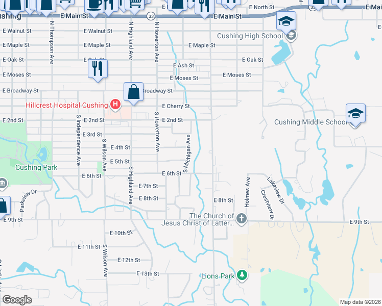 map of restaurants, bars, coffee shops, grocery stores, and more near 504 South Michigan Avenue in Cushing