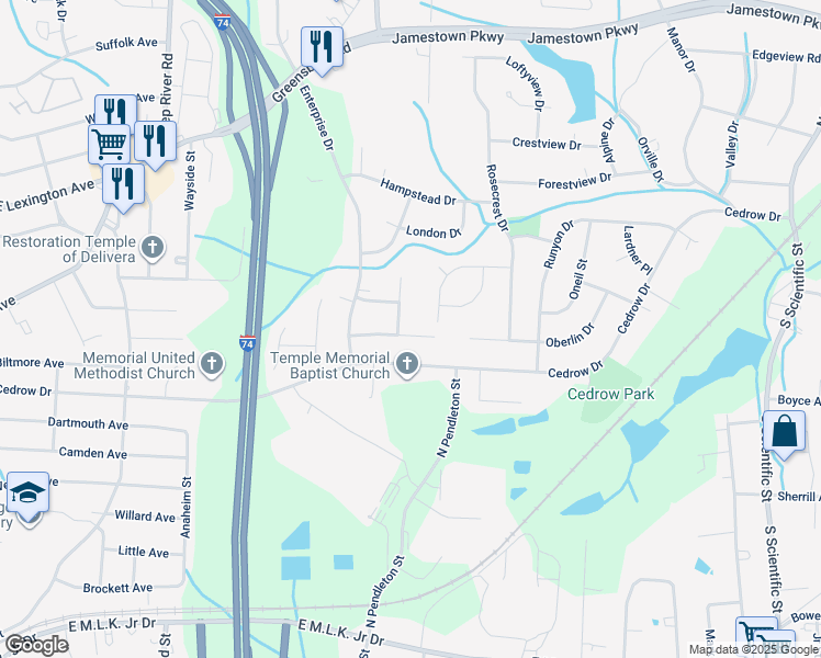 map of restaurants, bars, coffee shops, grocery stores, and more near 1503 Kingsway Drive in High Point