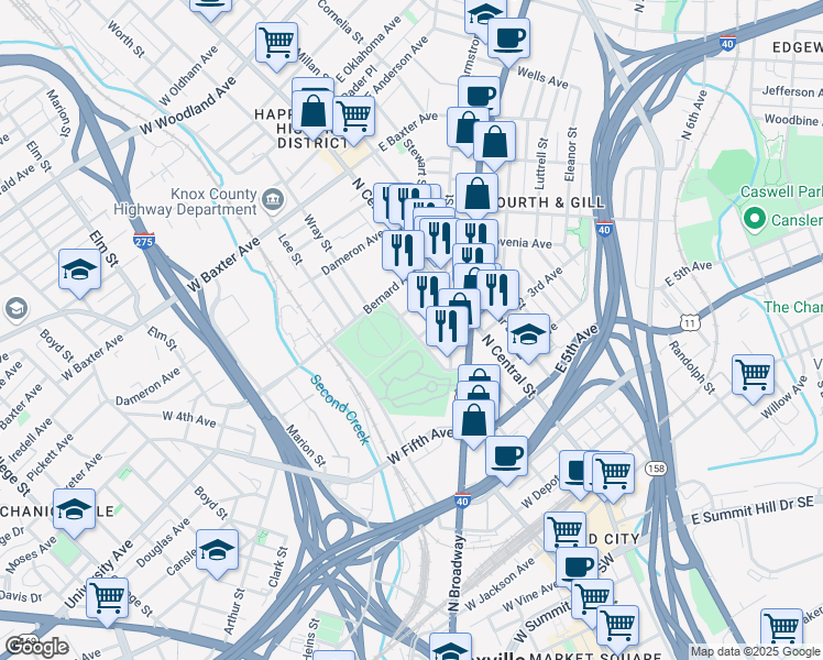 map of restaurants, bars, coffee shops, grocery stores, and more near 939 Tyson Street in Knoxville