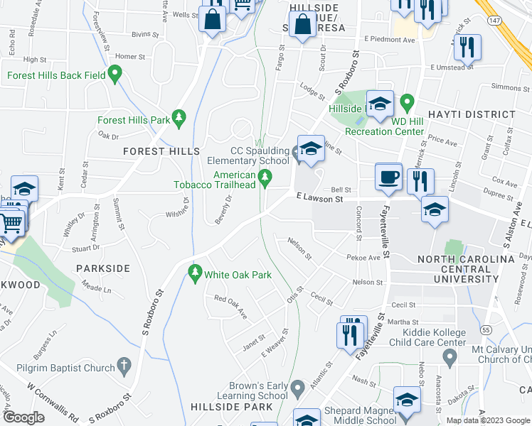 map of restaurants, bars, coffee shops, grocery stores, and more near S Roxboro St & South St in Durham