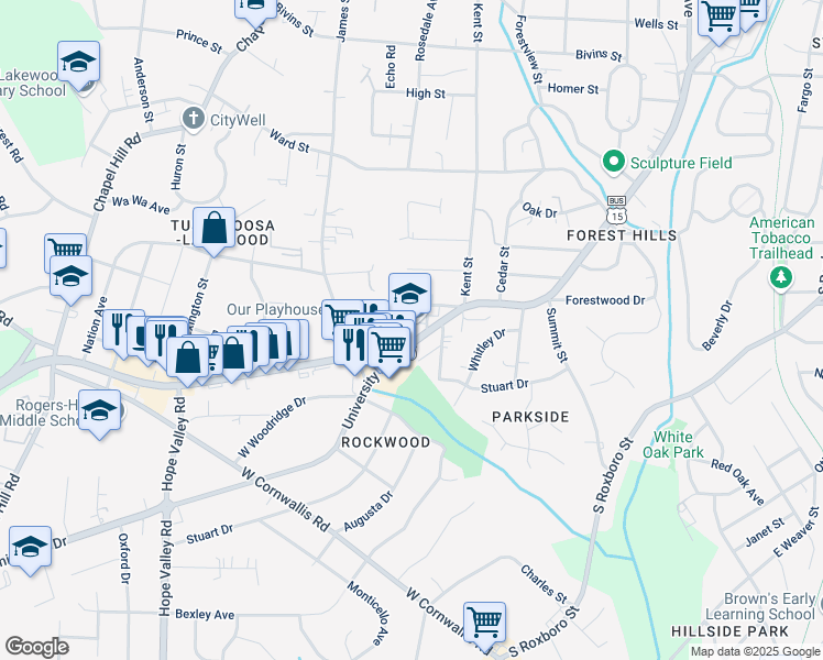 map of restaurants, bars, coffee shops, grocery stores, and more near 2400 University Drive in Durham