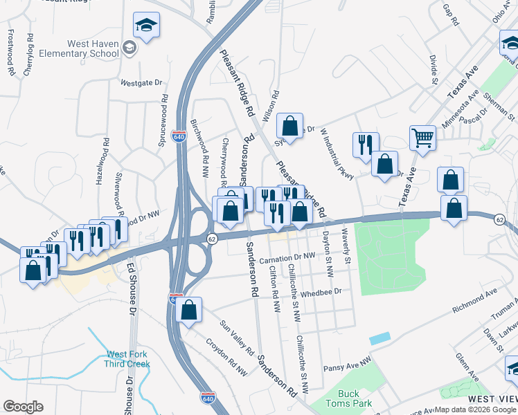 map of restaurants, bars, coffee shops, grocery stores, and more near 3818 Orangewood Road Northwest in Knoxville