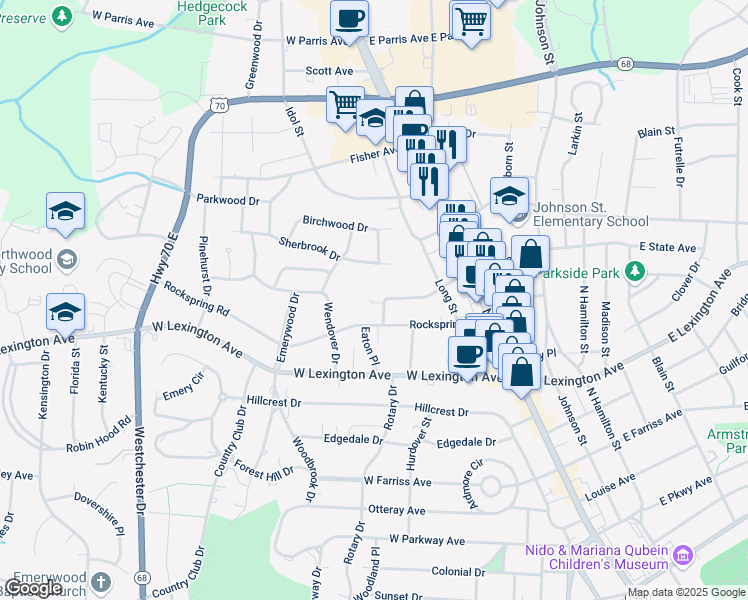 map of restaurants, bars, coffee shops, grocery stores, and more near 1405 Hicks Place in High Point