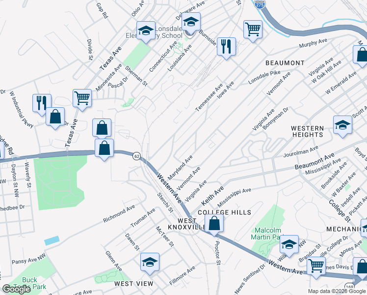 map of restaurants, bars, coffee shops, grocery stores, and more near 1926 Massachusetts Avenue in Knoxville