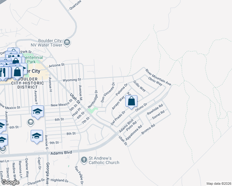 map of restaurants, bars, coffee shops, grocery stores, and more near 638 Paloma Drive in Boulder City