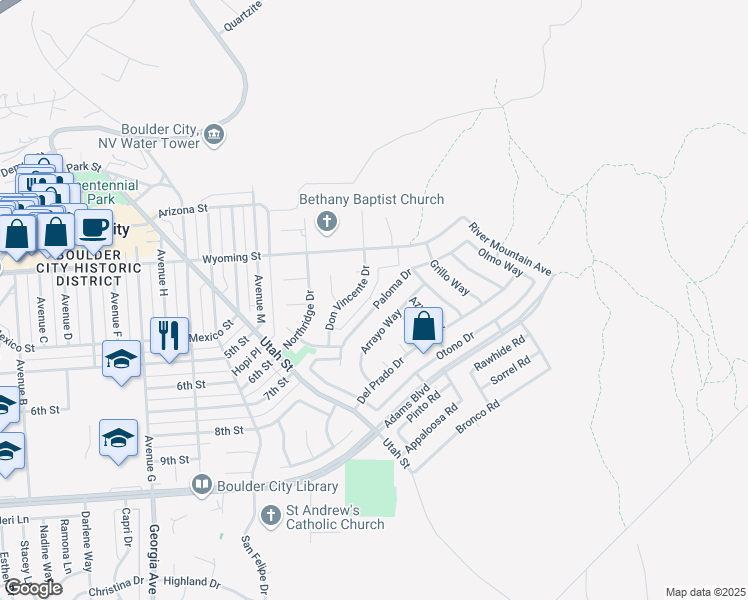 map of restaurants, bars, coffee shops, grocery stores, and more near 638 Paloma Drive in Boulder City