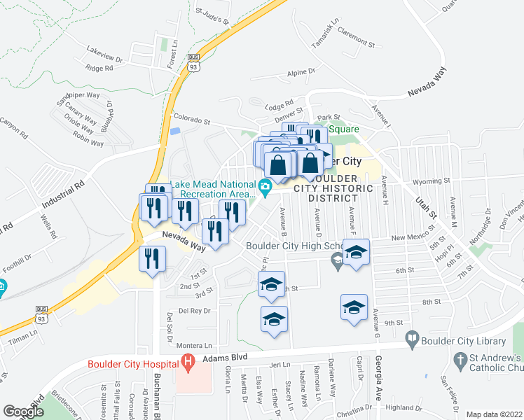 map of restaurants, bars, coffee shops, grocery stores, and more near 601 Nevada Highway in Boulder City