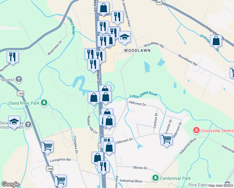 map of restaurants, bars, coffee shops, grocery stores, and more near 955 Old Jamestown Highway in Crossville