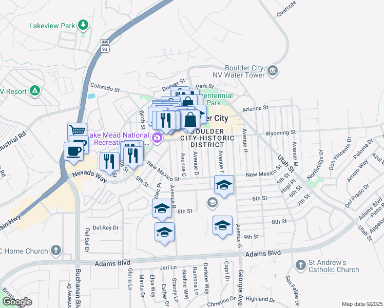 map of restaurants, bars, coffee shops, grocery stores, and more near in Boulder City