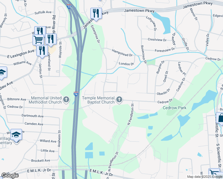 map of restaurants, bars, coffee shops, grocery stores, and more near 1457 Kingsway Drive in High Point