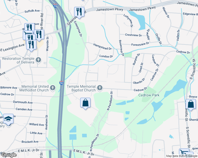 map of restaurants, bars, coffee shops, grocery stores, and more near 1503 Kingsway Drive in High Point