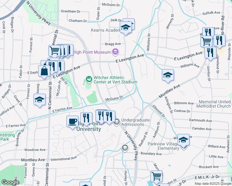 map of restaurants, bars, coffee shops, grocery stores, and more near 1108 Delk Drive in High Point
