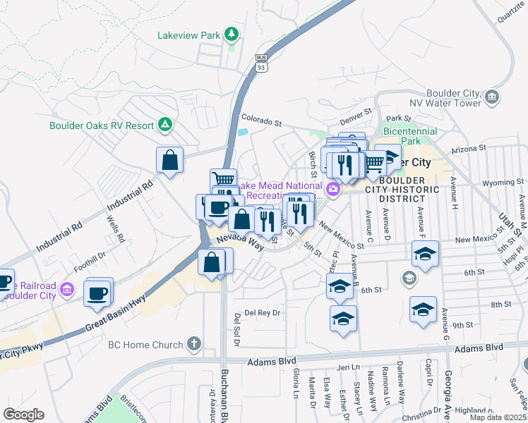 map of restaurants, bars, coffee shops, grocery stores, and more near 518 Elm Street in Boulder City