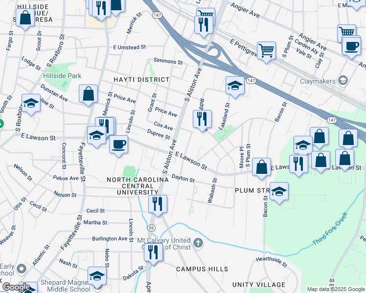 map of restaurants, bars, coffee shops, grocery stores, and more near 1201 South Alston Avenue in Durham
