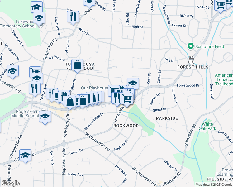 map of restaurants, bars, coffee shops, grocery stores, and more near 1915 James Street in Durham