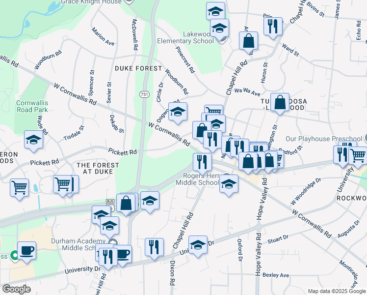 map of restaurants, bars, coffee shops, grocery stores, and more near 2501 Pickett Road in Durham