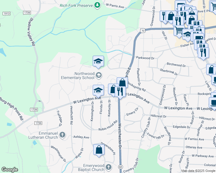 map of restaurants, bars, coffee shops, grocery stores, and more near 718 Westchester Drive in High Point