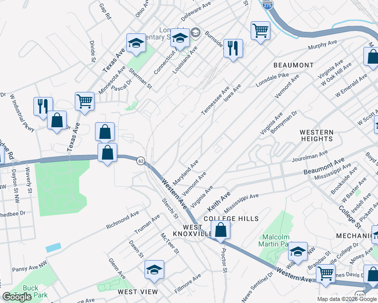 map of restaurants, bars, coffee shops, grocery stores, and more near 1926 Massachusetts Avenue in Knoxville