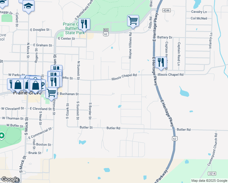 map of restaurants, bars, coffee shops, grocery stores, and more near 732 East Buchanan Street in Prairie Grove