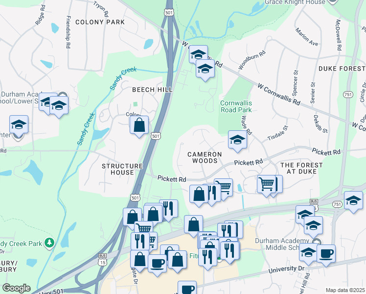 map of restaurants, bars, coffee shops, grocery stores, and more near 2822 Pickett Road in Durham