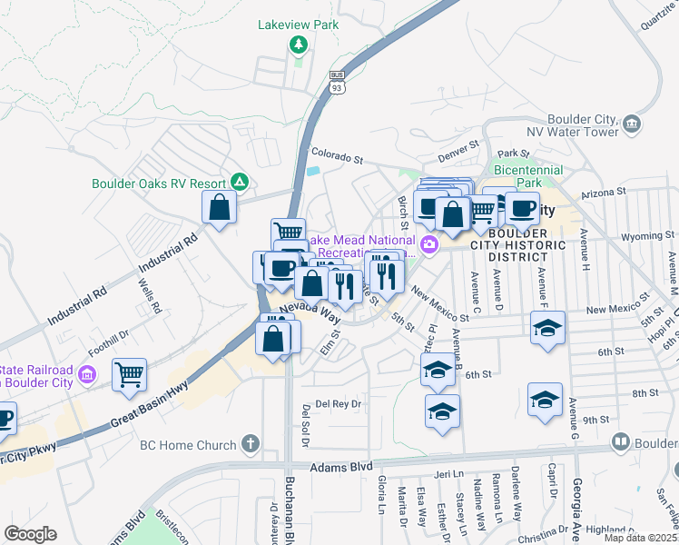 map of restaurants, bars, coffee shops, grocery stores, and more near 518 Elm Street in Boulder City