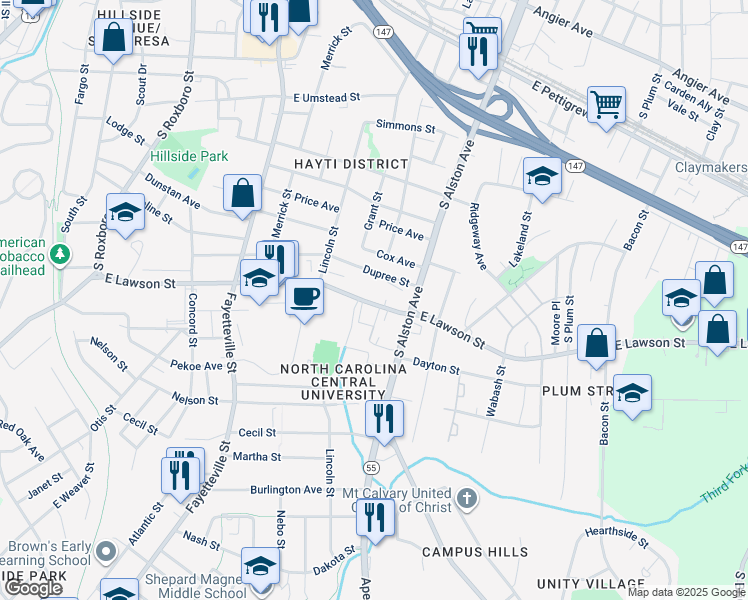 map of restaurants, bars, coffee shops, grocery stores, and more near 819 East Lawson Street in Durham