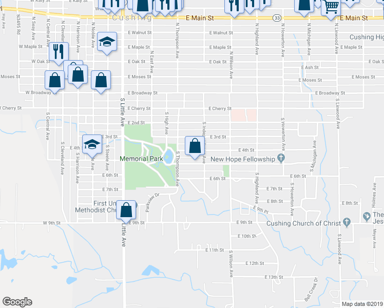 map of restaurants, bars, coffee shops, grocery stores, and more near 823 E 4th St in Cushing