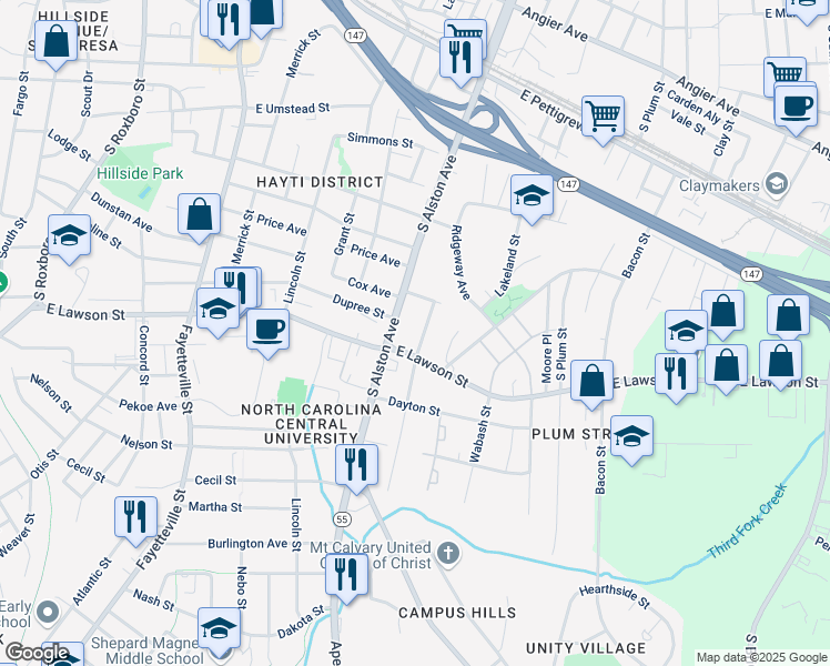 map of restaurants, bars, coffee shops, grocery stores, and more near 1201 South Alston Avenue in Durham