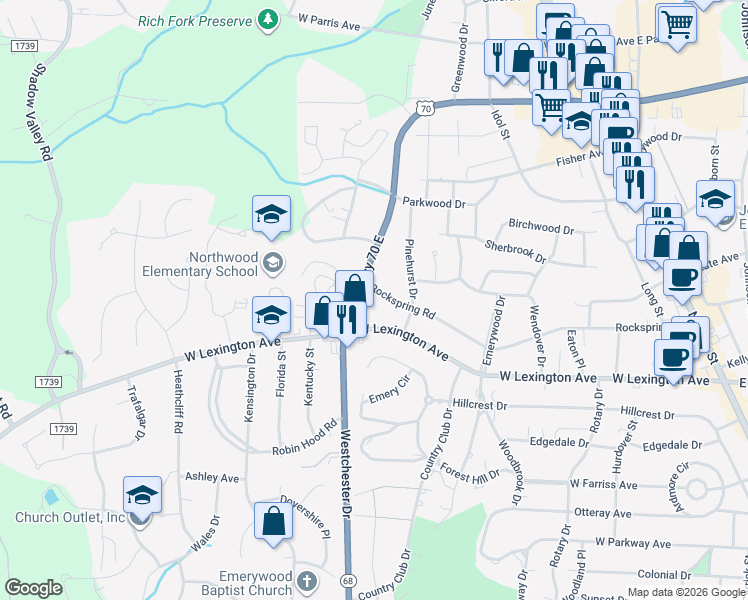 map of restaurants, bars, coffee shops, grocery stores, and more near 711 Rockspring Rd in High Point