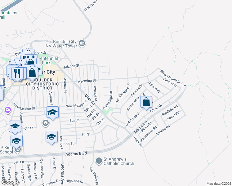 map of restaurants, bars, coffee shops, grocery stores, and more near 624 Don Vincente Drive in Boulder City