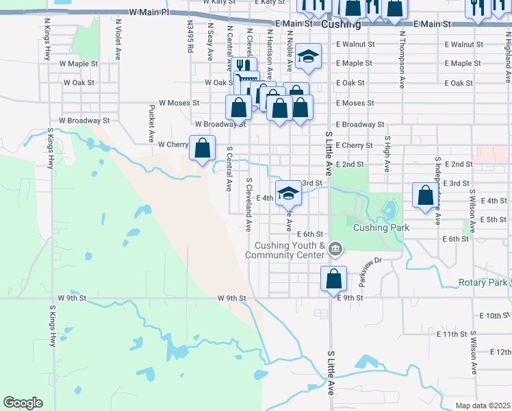 map of restaurants, bars, coffee shops, grocery stores, and more near 402 South Cleveland Avenue in Cushing